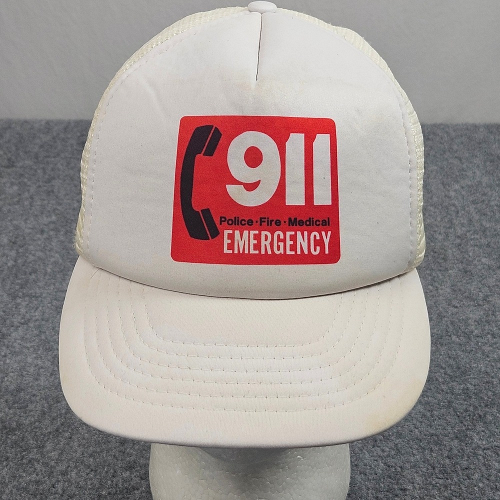Vintage 80s 911 Emergency Trucker Hat White Red Graphic Snapback Cap‎ Nostalgia